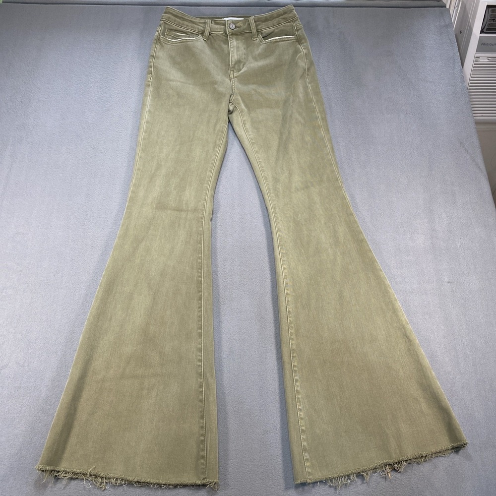 Vervet Women's Jeans 27 (4) Conquer High Rise Super Flare Olive Green Raw Hem